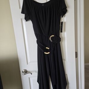 MSK Black Off-Shoulder Jumpsuit with Gold Accent Rings